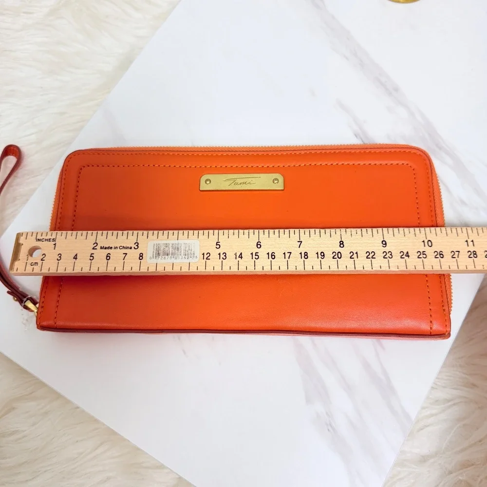 Tumi Voyaguer Continental Orange Leather Zip Around Wristlet Travel Wallet